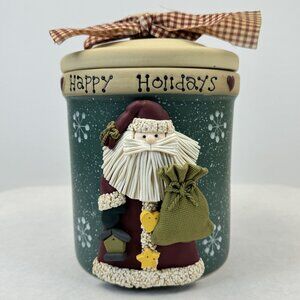 Vtg Happy Holidays Santa Claus Stoneware Cookie Jar Lid Canister Crock 7.25 in